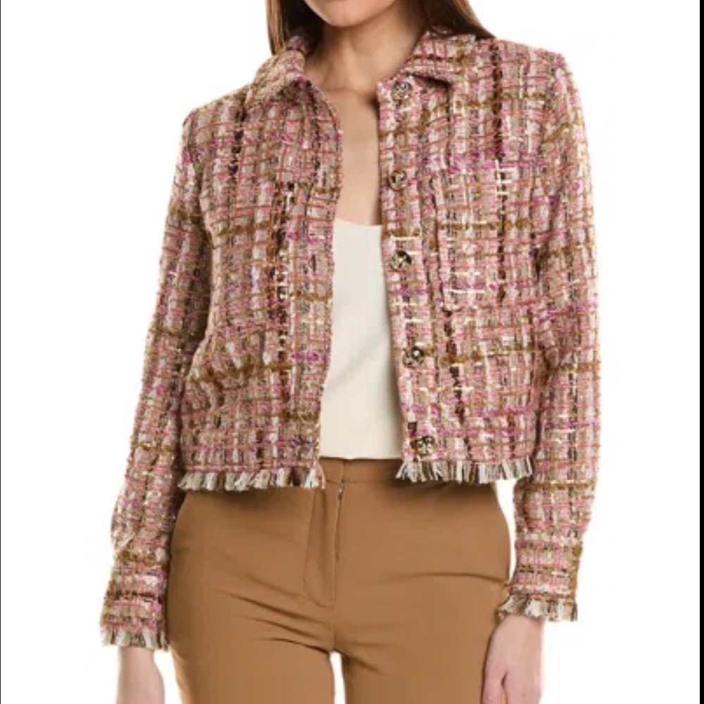 Adrienne Landau Onyx Pink Tweed Crop Jacket‎ Sequins Fringed Buttons L